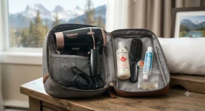 A dual-voltage hair dryer for short hair packed with travel essentials for Canadian vacations.