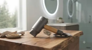 An energy-efficient, eco-friendly hair dryer for medium-length hair resting on a natural wooden vanity counter.