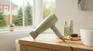 Energy-efficient hair dryer for oily hair resting on a clean bathroom counter in a Canadian home.