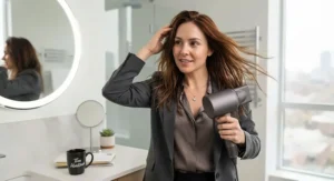 A busy Canadian professional quickly drying medium-length hair with a high-velocity hair dryer during a morning routine.