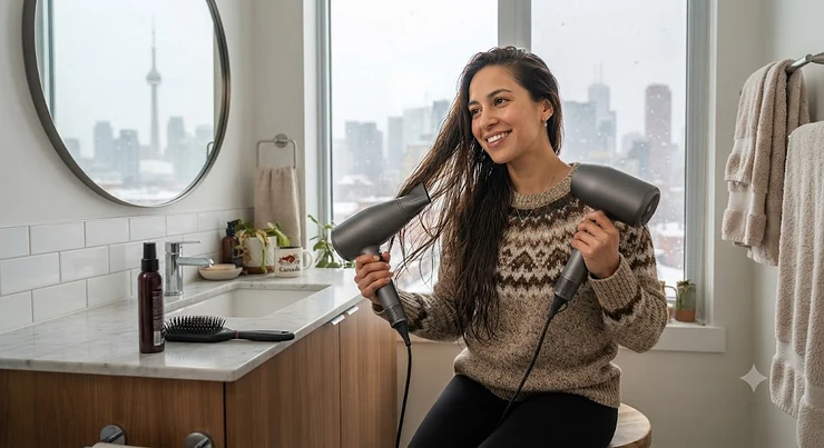 A Canadian woman using a fast-drying hair dryer for long hair after a snowy day in Toronto.