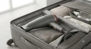 A compact travel-size ionic hair dryer with a folding handle tucked neatly into a suitcase.