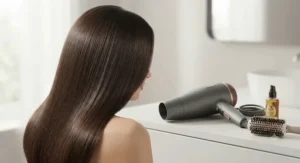 Shiny, frizz-free hair styled using a powerful travel-size ionic hair dryer.