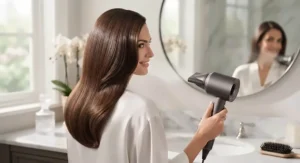 A salon-quality blowout achieved effortlessly using a fast-drying hair dryer for long hair.