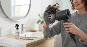 A professional hair dryer featuring a diffuser attachment designed specifically for short curly hair.