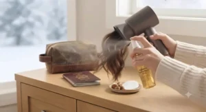 Illustration showing heat protectant spray paired with a hair dryer for dry hair for optimal hydration.