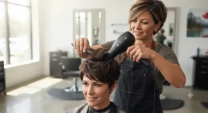 Stylist demonstrating how to use a pixie cut hair dryer to create lift and root volume.