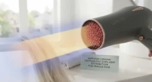 Infrared ceramic hair dryer demonstrating even heat distribution to prevent hot spots on fragile hair.