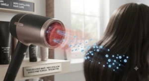Close-up of a modern hybrid hair dryer combining both ionic and ceramic technology for ultimate hair care.