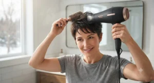 Ionic pixie cut hair dryer reducing frizz during a quick morning styling routine in Canada.