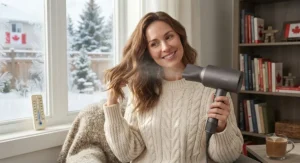 An ionic hair dryer for medium-length hair combating winter static and frizz in a cozy Canadian home.