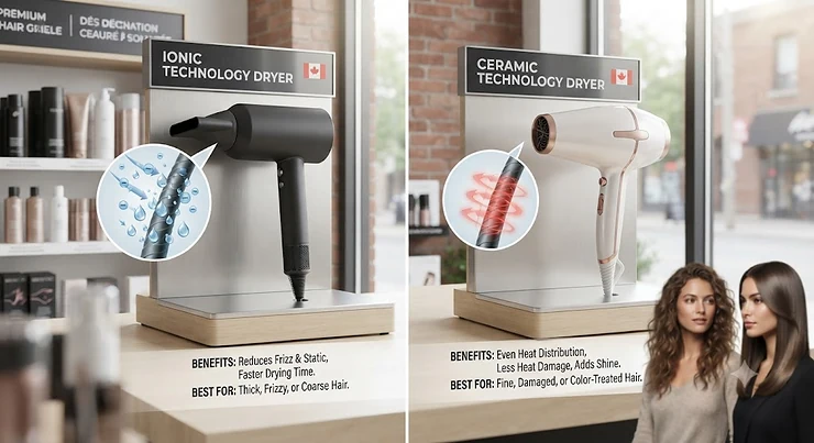 Comparison of ionic hair dryer vs ceramic hair dryer features for Canadian shoppers looking to reduce frizz.