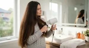 A sleek lightweight hair dryer effortlessly styling long, waist-length locks quickly and efficiently.