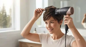 Lightweight hair dryer with a precision nozzle styling a short layered pixie cut.