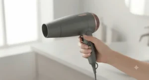 A lightweight travel-size ionic hair dryer being held comfortably in hand during use.
