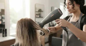 Stylist using a ceramic hair dryer on low heat to protect brittle, heat-damaged hair.