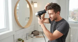 A man using a mini hair dryer to quickly dry and style short textured hair.