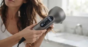 Digital temperature and speed controls on a high-tech fast-drying hair dryer for long hair.