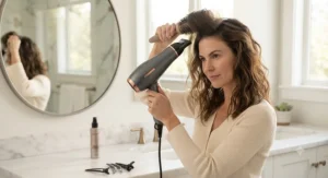 Person styling their hair at home using a professional root-lifting hair dryer for bouncy, voluminous results.