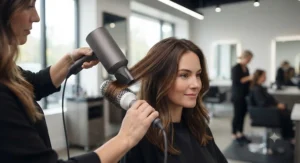 Achieving a professional salon blowout using a round brush and a powerful hair dryer for medium-length hair.