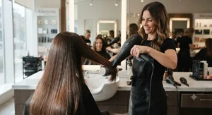 A professional salon-grade hair dryer creating a glossy, sleek blowout on very long hair.