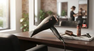 Professional salon-grade pixie cut hair dryer resting on a Canadian salon styling station.