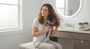 A person comfortably styling their shoulder-length locks with a quiet, low-noise hair dryer for medium-length hair.