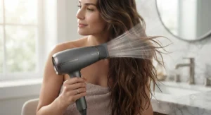 Illustration showing the powerful airflow of a fast-drying hair dryer for long hair reducing drying time.