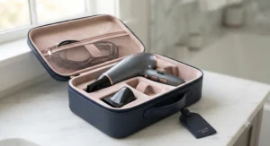 Stylist using a root-lifting hair dryer on fine hair to achieve long-lasting root lift and body.