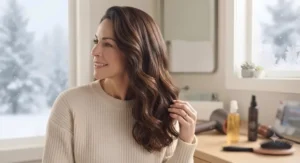 Illustration of a person with smooth, hydrated hair after using a specialized hair dryer for dry hair.