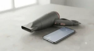 Size comparison showing a travel-size ionic hair dryer next to a standard smartphone for scale.