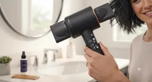 A top-rated hair dryer for short hair showcasing multiple speed and heat settings on the handle.