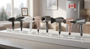 Top-rated pixie cut hair dryer models lined up for a Canadian beauty product buyer's guide.