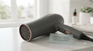 Tourmaline ceramic hair dryer with multiple heat settings for safe moisture retention in dry hair.