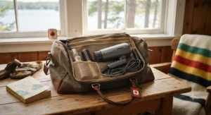 A compact and portable fast-drying hair dryer for long hair packed neatly for a weekend getaway in cottage country.