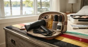 A compact travel hair dryer packed neatly beside long hair styling products for a weekend trip across Ontario.