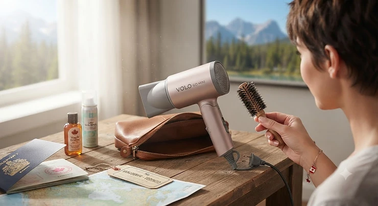 Mini travel hair dryer suitable for maintaining a pixie cut while travelling across Canada.