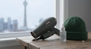 Compact travel-size ceramic hair dryer ideal for protecting winter-dried hair across Canada.