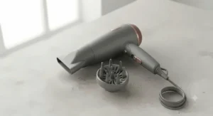 A travel-size ionic hair dryer laid out with its detachable diffuser and styling nozzle accessories.