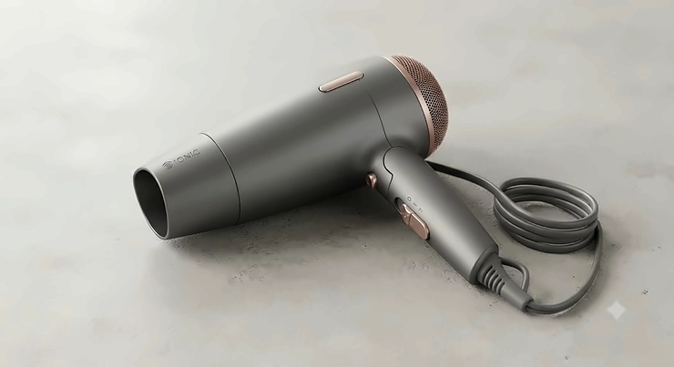 A sleek travel-size ionic hair dryer resting on a neutral background, highlighting its compact design for Canadian travellers.