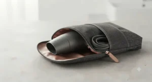 A travel-size ionic hair dryer paired with a protective travel storage pouch.