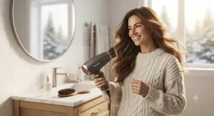 Canadian woman smiling while drying her long hair with a moisture-lock hair dryer during a cold winter day.
