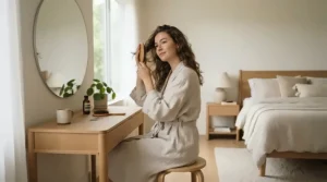 Quiet AC motor hair dryer being used in a peaceful, minimalist apartment setting