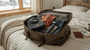 Compact AC motor hair dryer packed neatly beside winter gear for a Canadian getaway