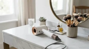 An affordable tourmaline hair dryer resting on a cozy wooden vanity alongside hairbrushes.
