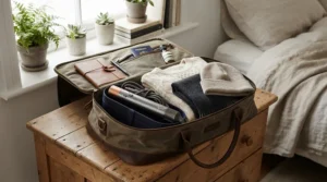 A compact professional infrared hair dryer packed neatly beside winter accessories in a Canadian travel bag.