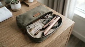A compact tourmaline hair dryer packed neatly inside a weekend travel bag.