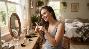 A beginner styling hair easily at home with an entry-level tourmaline hair dryer.