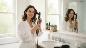 A person using a gentle infrared hair dryer for sensitive scalp during their morning bathroom routine.