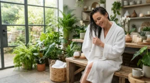 Enjoying a spa-like experience with a gentle infrared hair dryer for sensitive scalp relaxation.